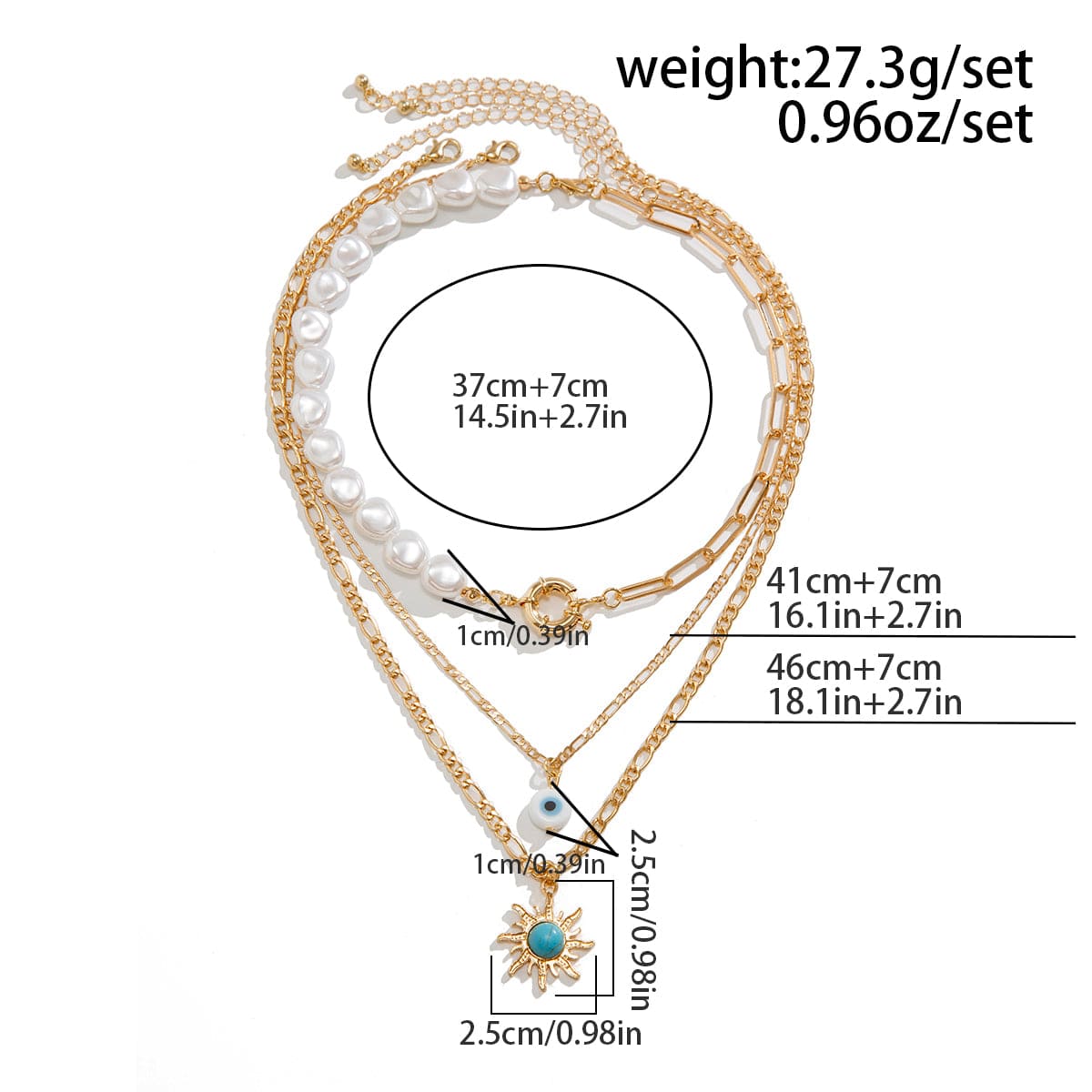 Boho Layered Evil Eye Turquoise Sun Pendant Paperclip Pearl Chain Necklace Set - ArtGalleryZen