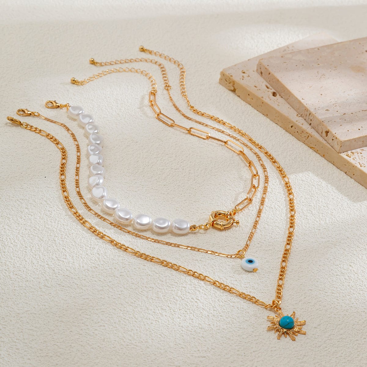 Boho Layered Evil Eye Turquoise Sun Pendant Paperclip Pearl Chain Necklace Set - ArtGalleryZen