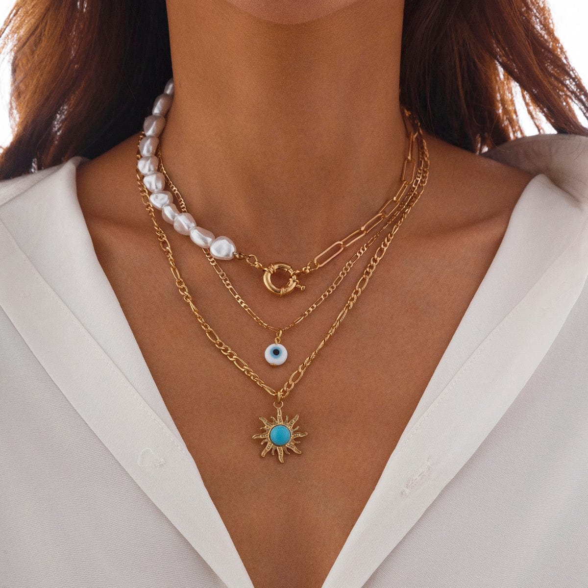 Boho Layered Evil Eye Turquoise Sun Pendant Paperclip Pearl Chain Necklace Set