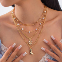 Thumbnail for Boho Layered Flower Boot Pendant Pearl Chain Necklace Set - ArtGalleryZen