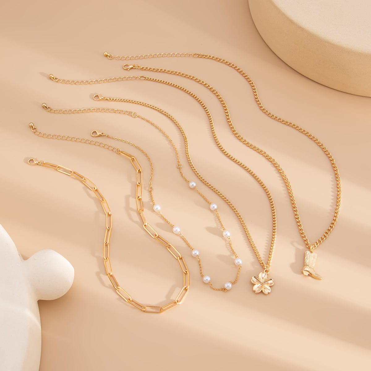 Boho Layered Flower Boot Pendant Pearl Chain Necklace Set - ArtGalleryZen