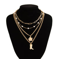 Thumbnail for Boho Layered Flower Boot Pendant Pearl Chain Necklace Set - ArtGalleryZen