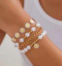 Thumbnail for Boho Layered Flower Pearl Chain Bracelet Set - ArtGalleryZen