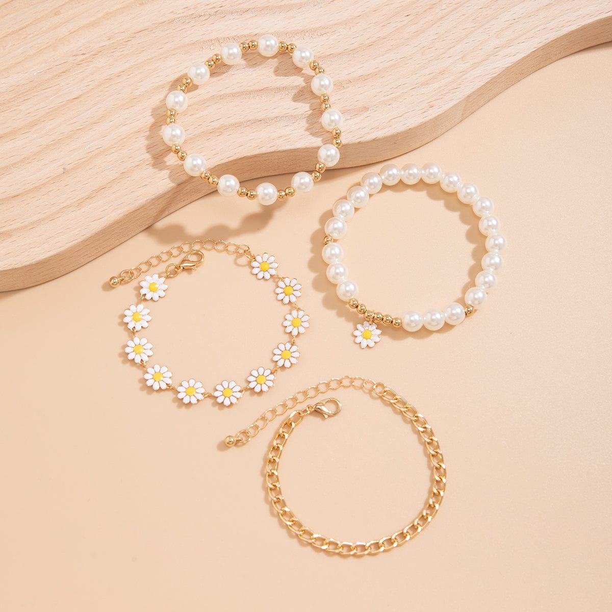 Boho Layered Flower Pearl Chain Bracelet Set - ArtGalleryZen