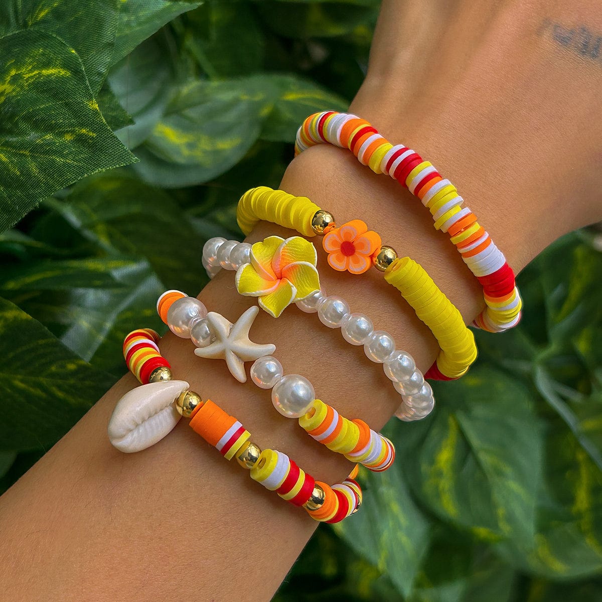 Boho Layered Flower Starfish Conch Polymer Clay Beaded Bracelet Set - ArtGalleryZen