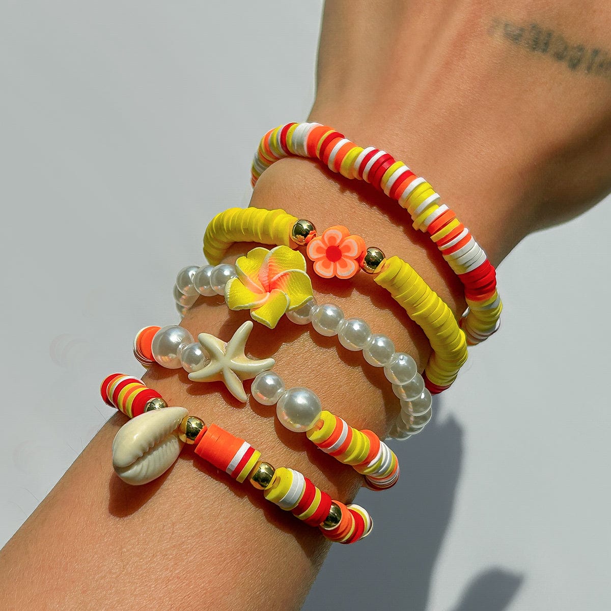 Boho Layered Flower Starfish Conch Polymer Clay Beaded Bracelet Set - ArtGalleryZen
