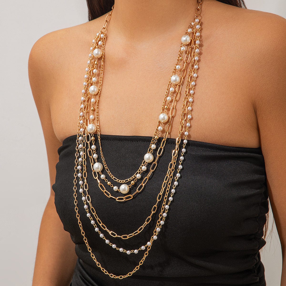 Boho Layered Gold Tone Pearl Cable Chain Necklace