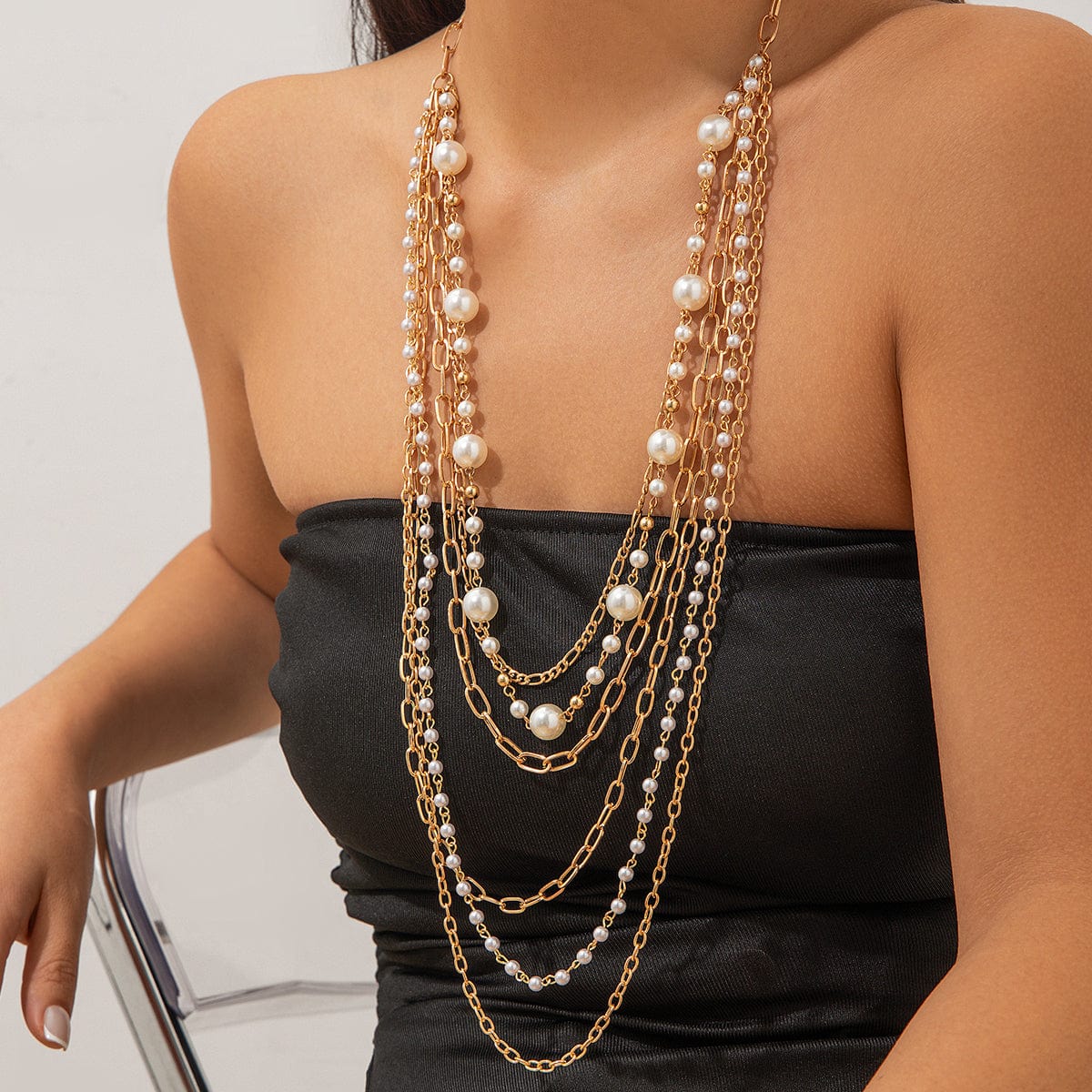 Boho Layered Gold Tone Pearl Cable Chain Necklace