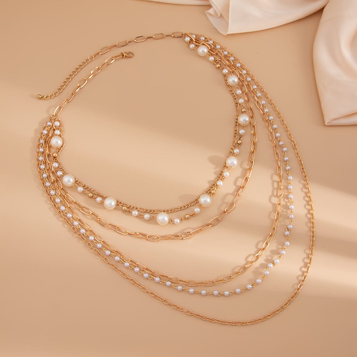 Boho Layered Gold Tone Pearl Cable Chain Necklace