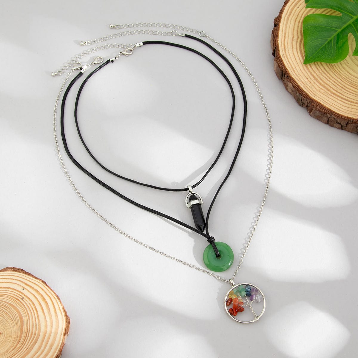 Boho Layered Healing Crystal Family Tree Pendant Wax Cord Necklace Set - ArtGalleryZen