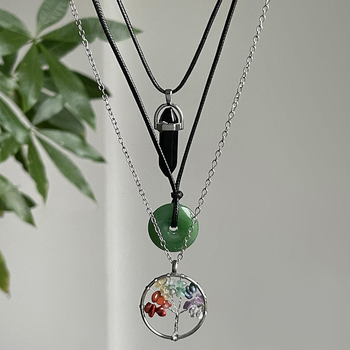 Boho Layered Healing Crystal Family Tree Pendant Wax Cord Necklace Set - ArtGalleryZen