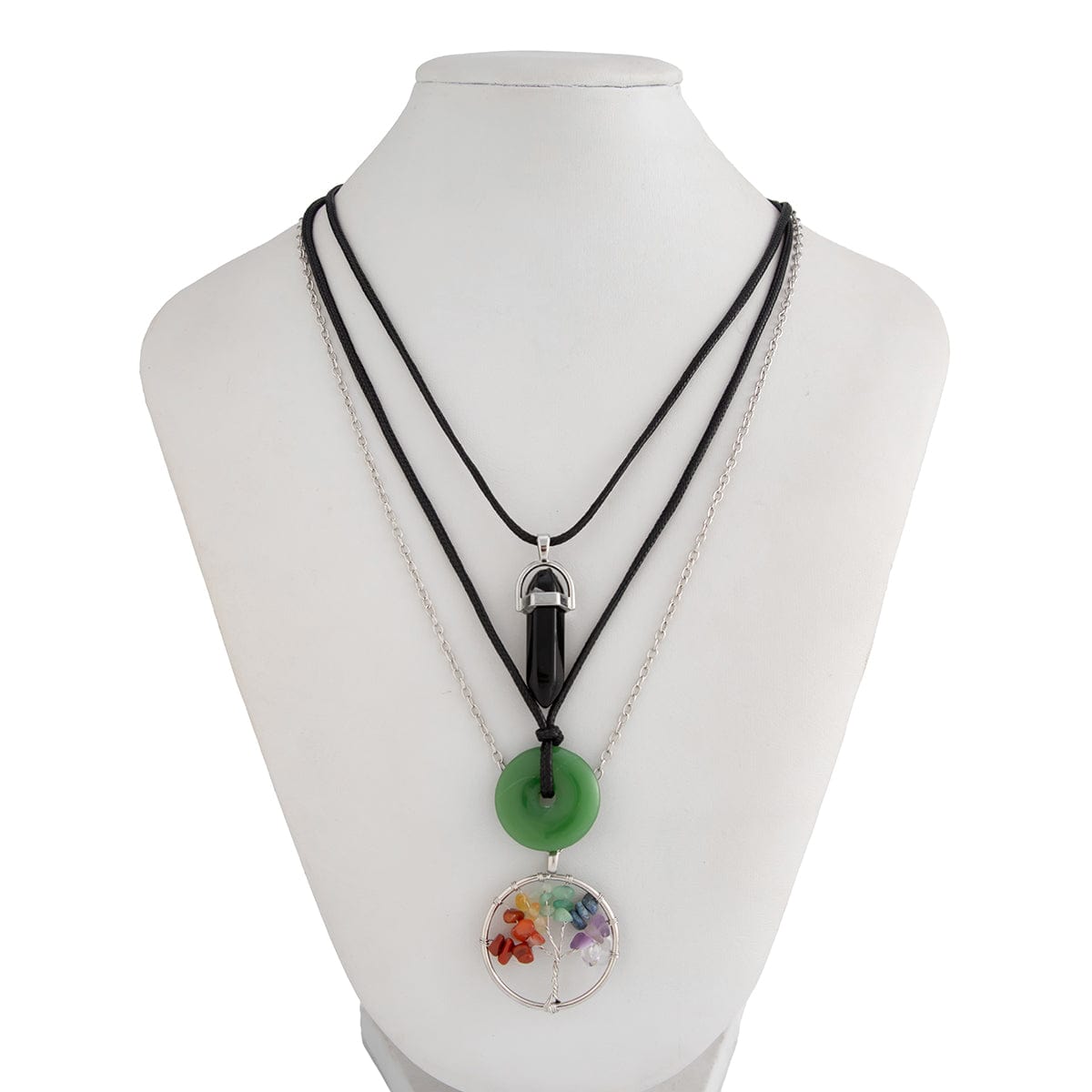 Boho Layered Healing Crystal Family Tree Pendant Wax Cord Necklace Set - ArtGalleryZen