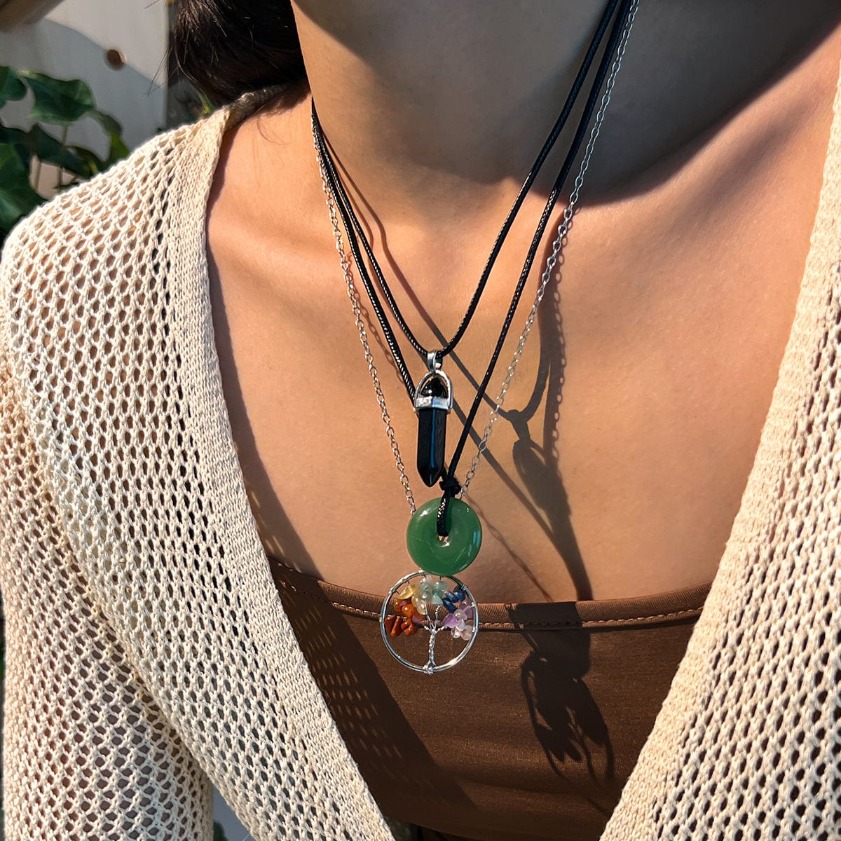 Boho Layered Healing Crystal Family Tree Pendant Wax Cord Necklace Set - ArtGalleryZen