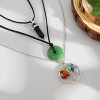 Thumbnail for Boho Layered Healing Crystal Family Tree Pendant Wax Cord Necklace Set - ArtGalleryZen