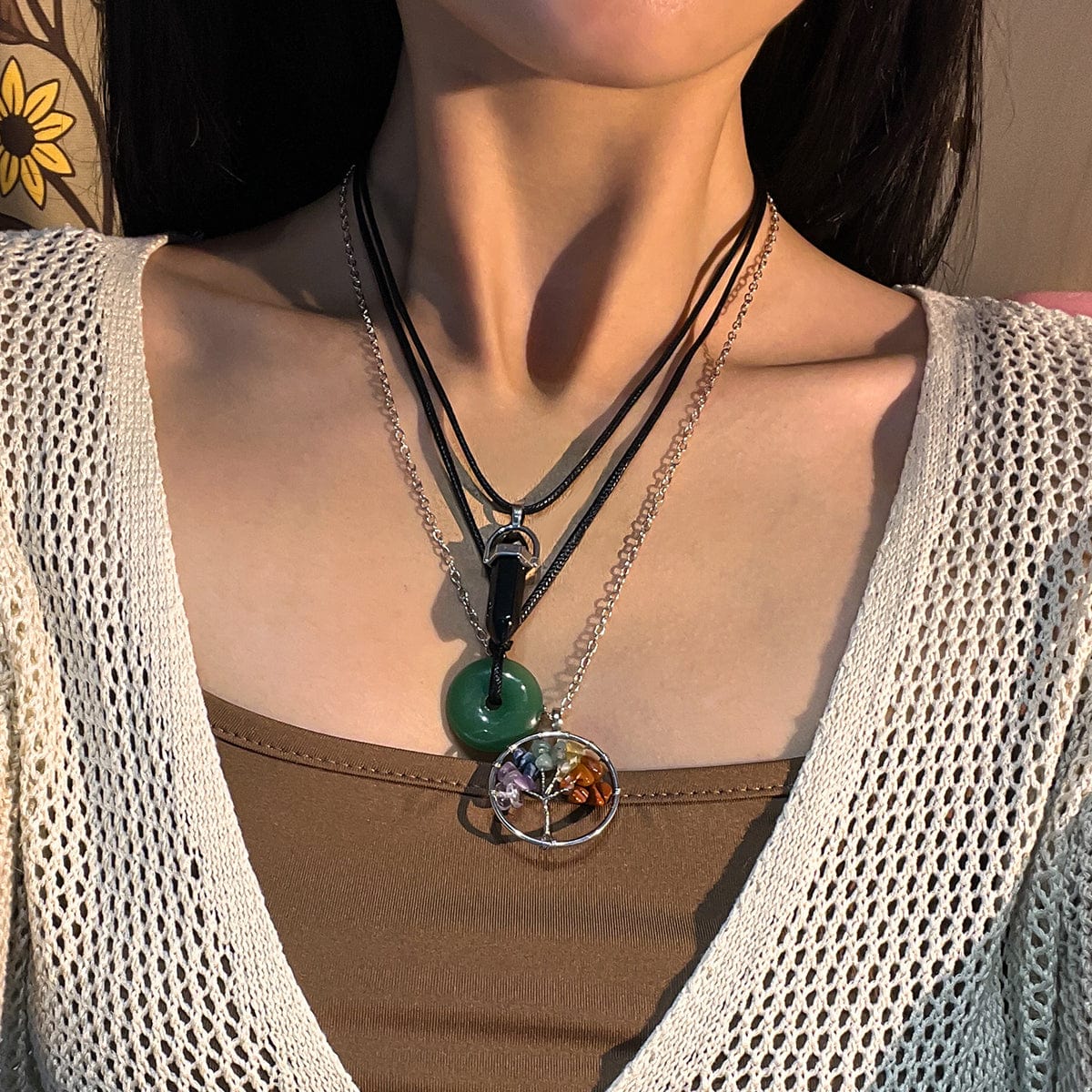 Boho Layered Healing Crystal Family Tree Pendant Wax Cord Necklace Set - ArtGalleryZen