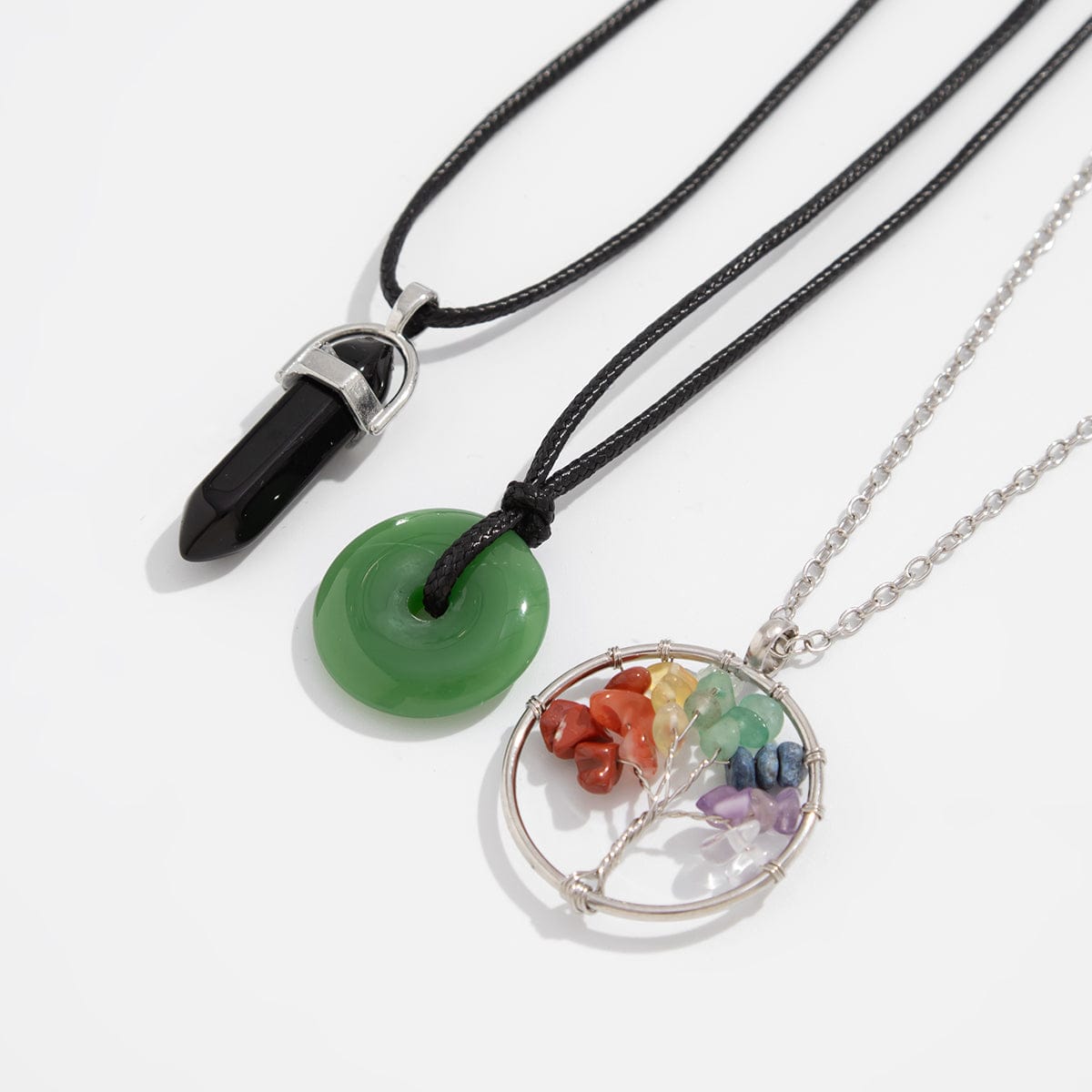 Boho Layered Healing Crystal Family Tree Pendant Wax Cord Necklace Set - ArtGalleryZen