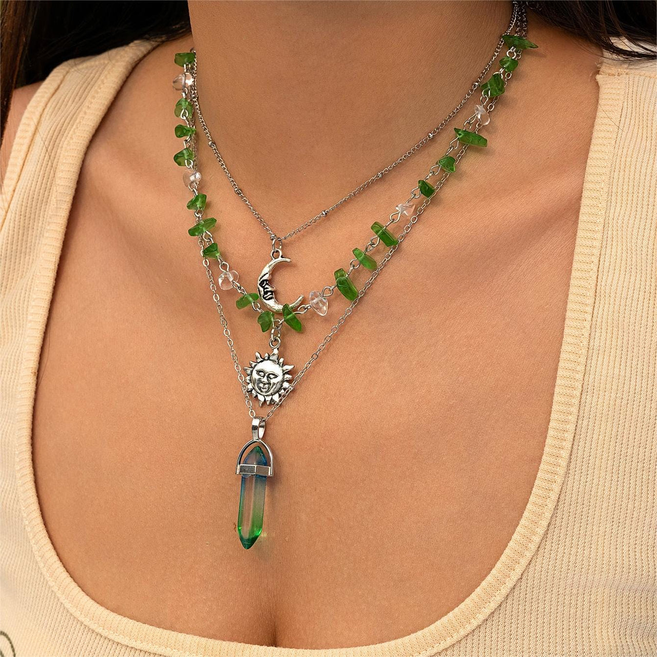 Boho Layered Healing Crystal Sun Moon Pendant Turquoise Stone Necklace Set - ArtGalleryZen