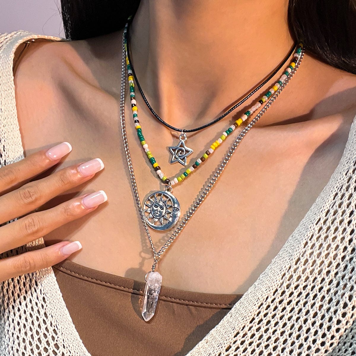 Boho Layered Healing Crystal Sun Moon Star Pendant Seed Beaded Necklace Set - ArtGalleryZen