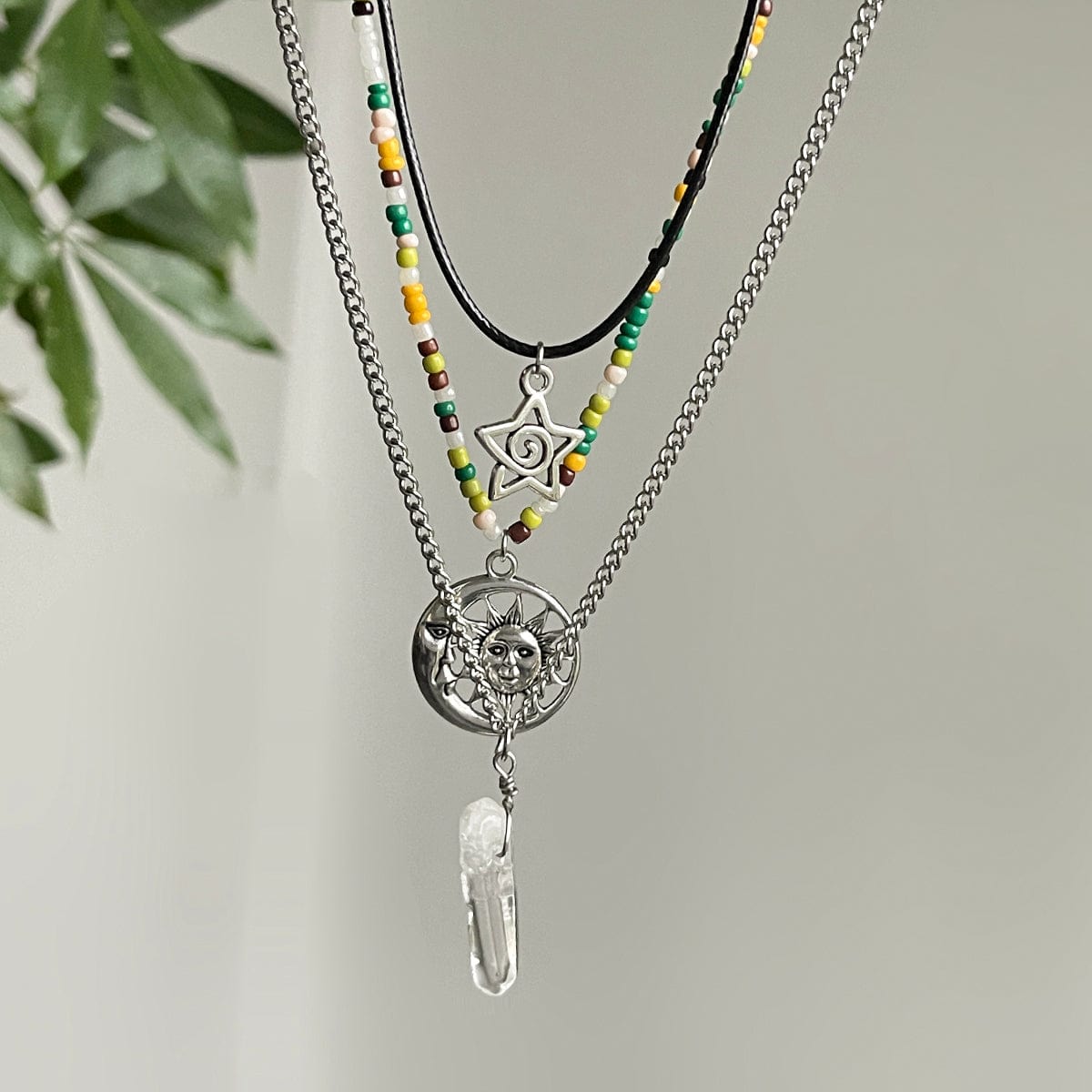 Boho Layered Healing Crystal Sun Moon Star Pendant Seed Beaded Necklace Set - ArtGalleryZen
