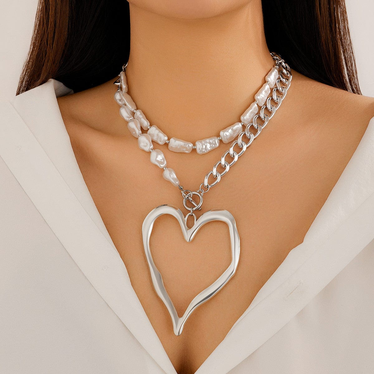 Boho Layered Heart Pendant Irregular Pearl Curb Chain Choker Necklace Set - ArtGalleryZen