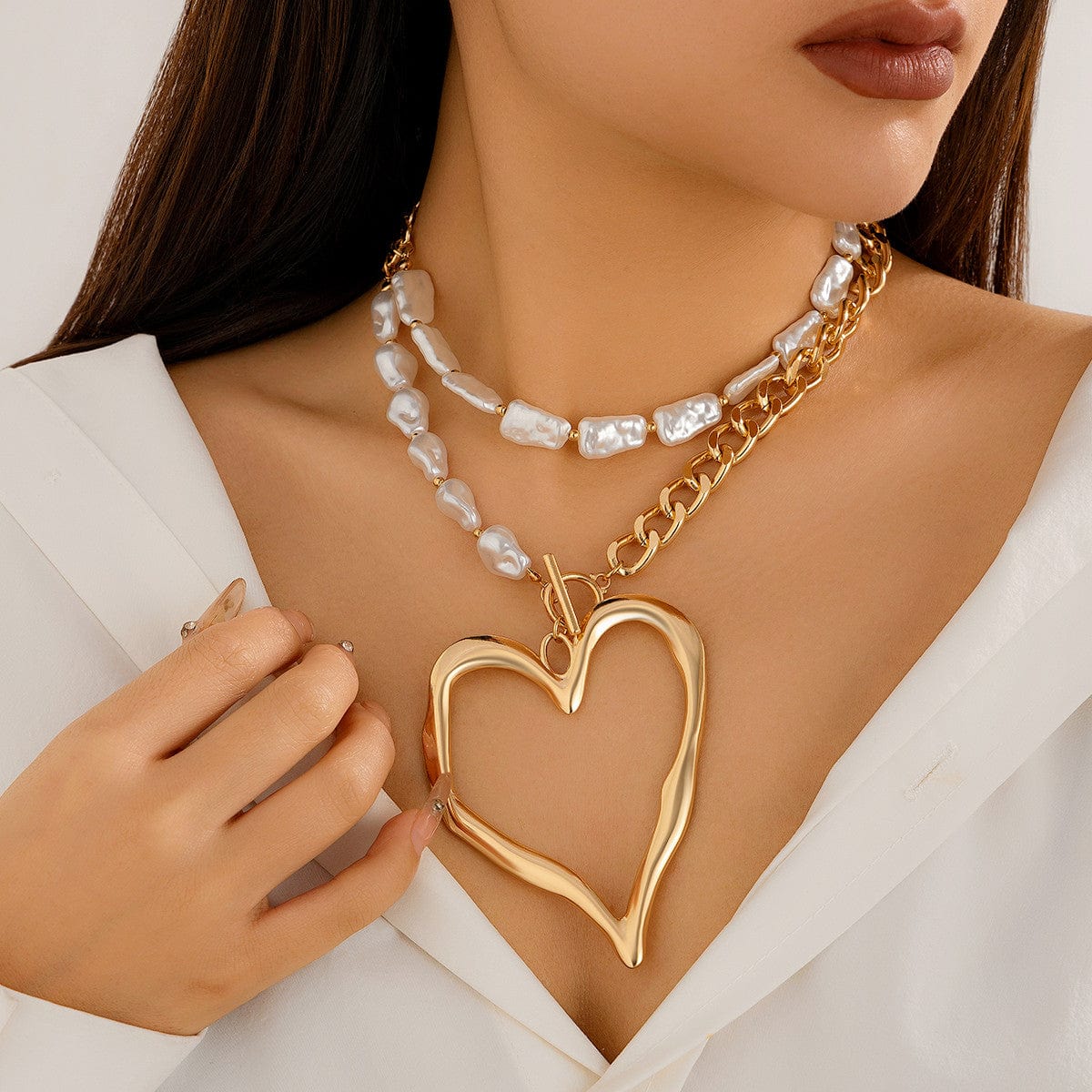 Boho Layered Heart Pendant Irregular Pearl Curb Chain Choker Necklace Set - ArtGalleryZen