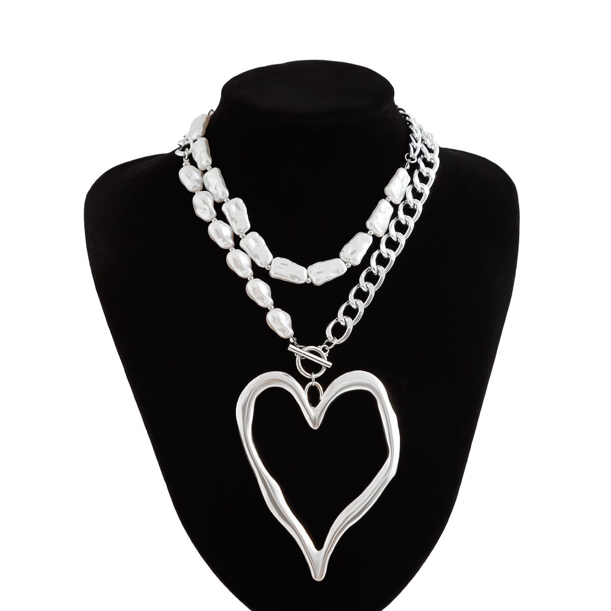 Boho Layered Heart Pendant Irregular Pearl Curb Chain Choker Necklace Set - ArtGalleryZen
