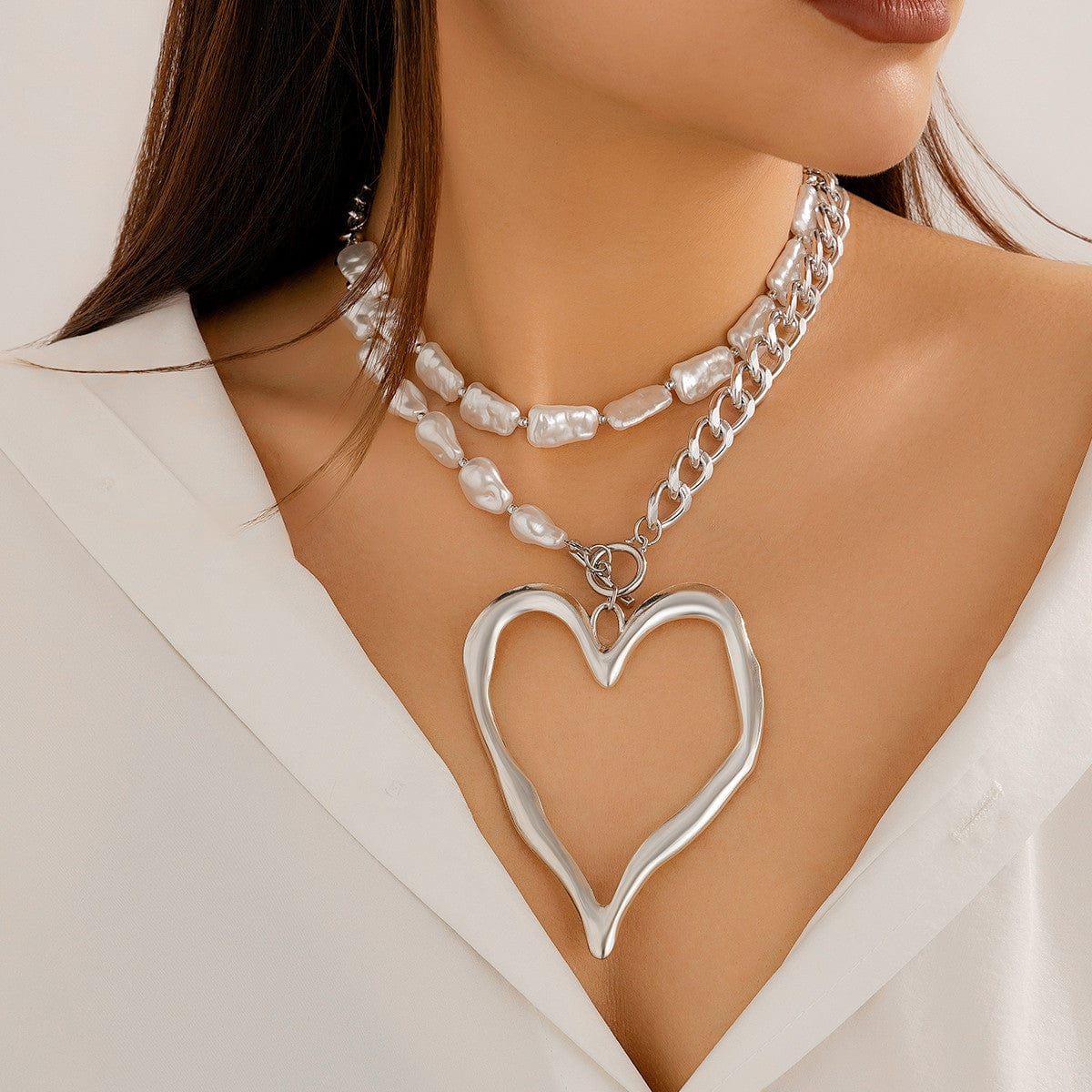 Boho Layered Heart Pendant Irregular Pearl Curb Chain Choker Necklace Set - ArtGalleryZen