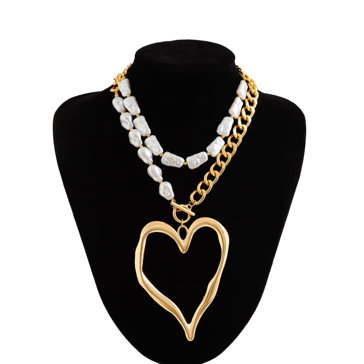 Boho Layered Heart Pendant Irregular Pearl Curb Chain Choker Necklace Set - ArtGalleryZen