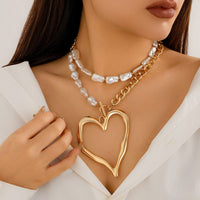 Thumbnail for Boho Layered Heart Pendant Irregular Pearl Curb Chain Choker Necklace Set