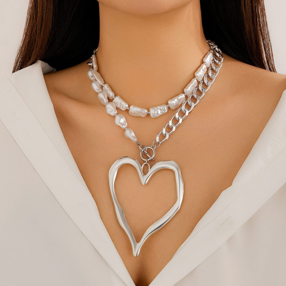 Boho Layered Heart Pendant Irregular Pearl Curb Chain Choker Necklace Set