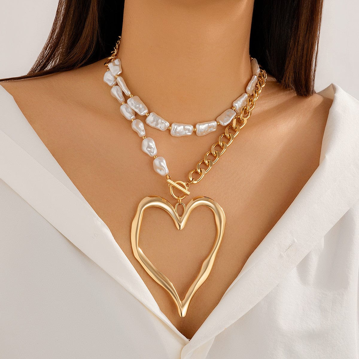 Boho Layered Heart Pendant Irregular Pearl Curb Chain Choker Necklace Set