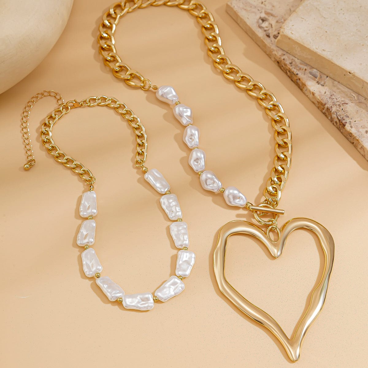 Boho Layered Heart Pendant Irregular Pearl Curb Chain Choker Necklace Set