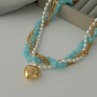 Thumbnail for Boho Layered Heart Pendant Turquoise Pearl Curb Chain Choker Necklace - ArtGalleryZen