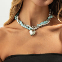 Thumbnail for Boho Layered Heart Pendant Turquoise Pearl Curb Chain Choker Necklace - ArtGalleryZen