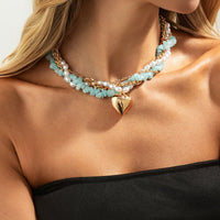 Thumbnail for Boho Layered Heart Pendant Turquoise Pearl Curb Chain Choker Necklace - ArtGalleryZen