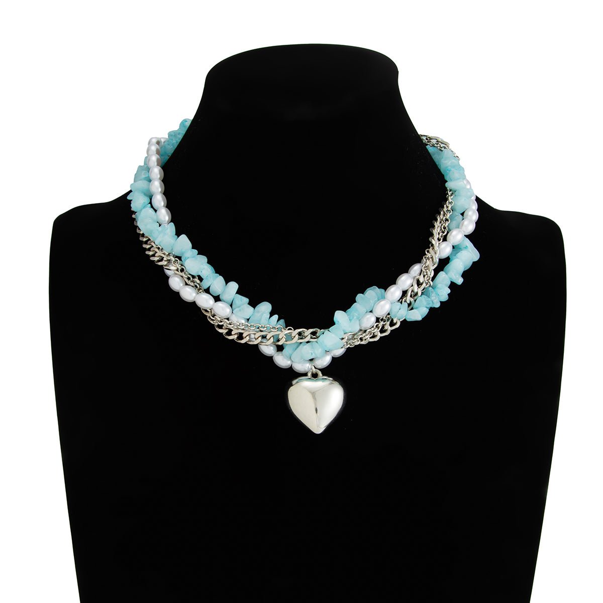 Boho Layered Heart Pendant Turquoise Pearl Curb Chain Choker Necklace - ArtGalleryZen