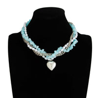 Thumbnail for Boho Layered Heart Pendant Turquoise Pearl Curb Chain Choker Necklace - ArtGalleryZen