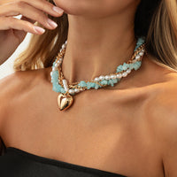 Thumbnail for Boho Layered Heart Pendant Turquoise Pearl Curb Chain Choker Necklace - ArtGalleryZen