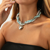 Thumbnail for Boho Layered Heart Pendant Turquoise Pearl Curb Chain Choker Necklace - ArtGalleryZen