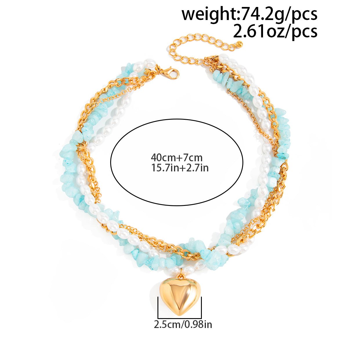 Boho Layered Heart Pendant Turquoise Pearl Curb Chain Choker Necklace - ArtGalleryZen