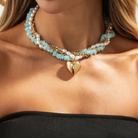 Thumbnail for Boho Layered Heart Pendant Turquoise Pearl Curb Chain Choker Necklace - ArtGalleryZen