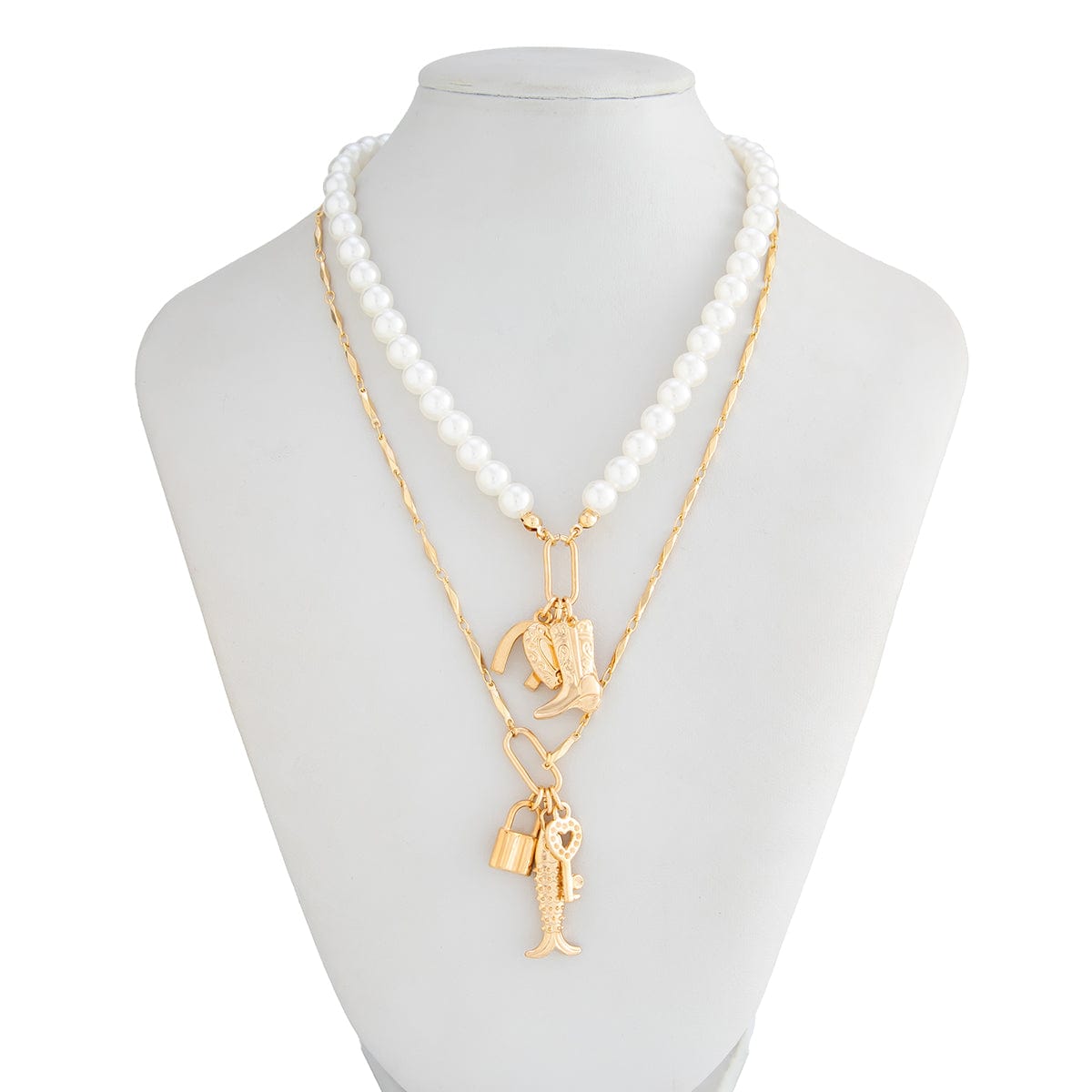 Boho Layered Key Lock Boot Lucky Horseshoe Pendant Pearl Chain Necklace Set - ArtGalleryZen