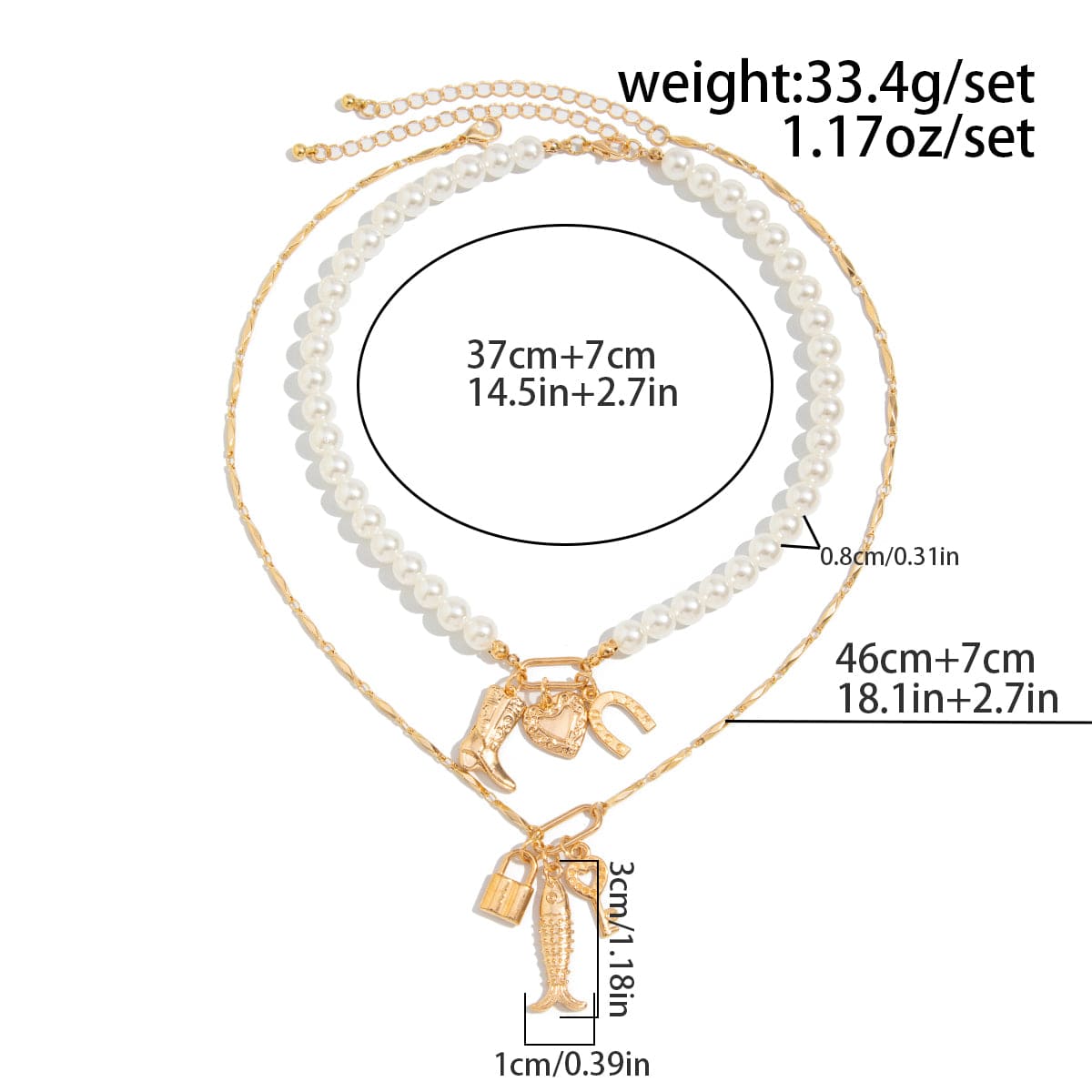 Boho Layered Key Lock Boot Lucky Horseshoe Pendant Pearl Chain Necklace Set - ArtGalleryZen