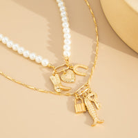 Thumbnail for Boho Layered Key Lock Boot Lucky Horseshoe Pendant Pearl Chain Necklace Set - ArtGalleryZen