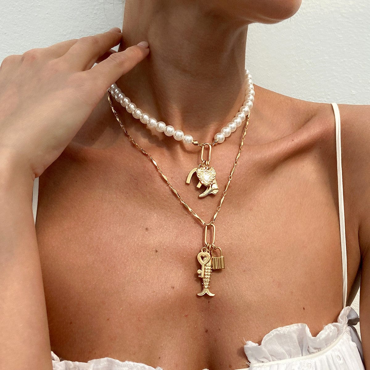 Boho Layered Key Lock Boot Lucky Horseshoe Pendant Pearl Chain Necklace Set - ArtGalleryZen