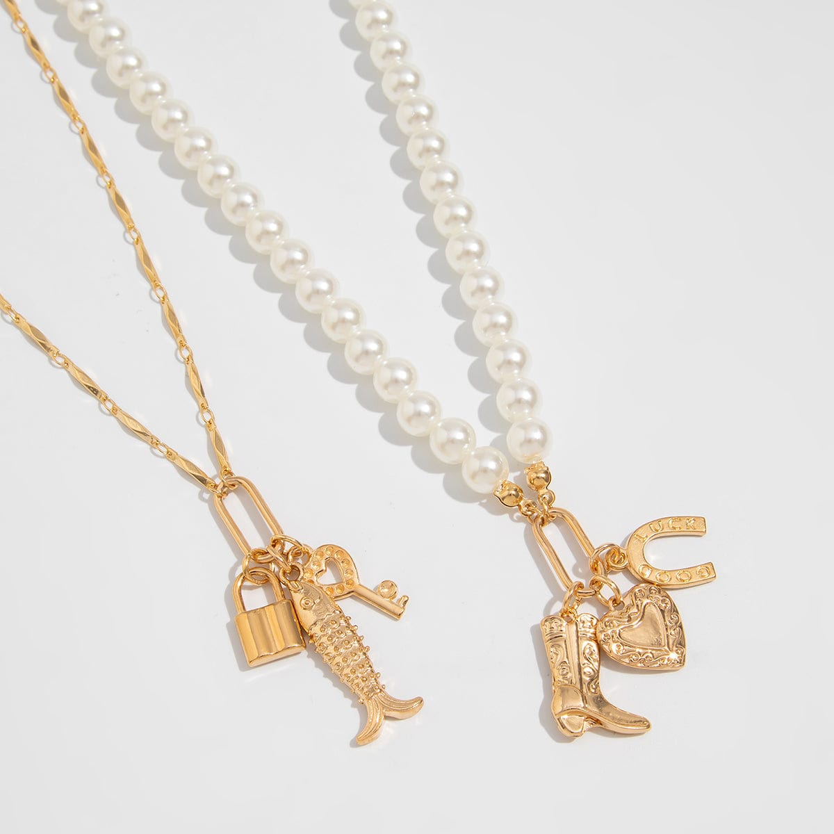 Boho Layered Key Lock Boot Lucky Horseshoe Pendant Pearl Chain Necklace Set - ArtGalleryZen