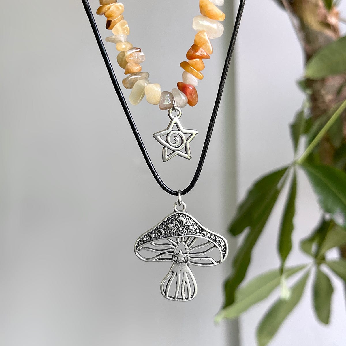 Boho Layered Mushroom Star Pendant Turquoise Stone Chain Necklace Set - ArtGalleryZen