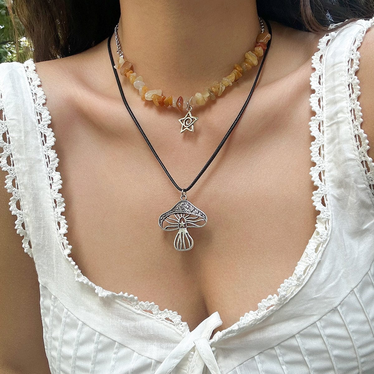 Boho Layered Mushroom Star Pendant Turquoise Stone Chain Necklace Set - ArtGalleryZen