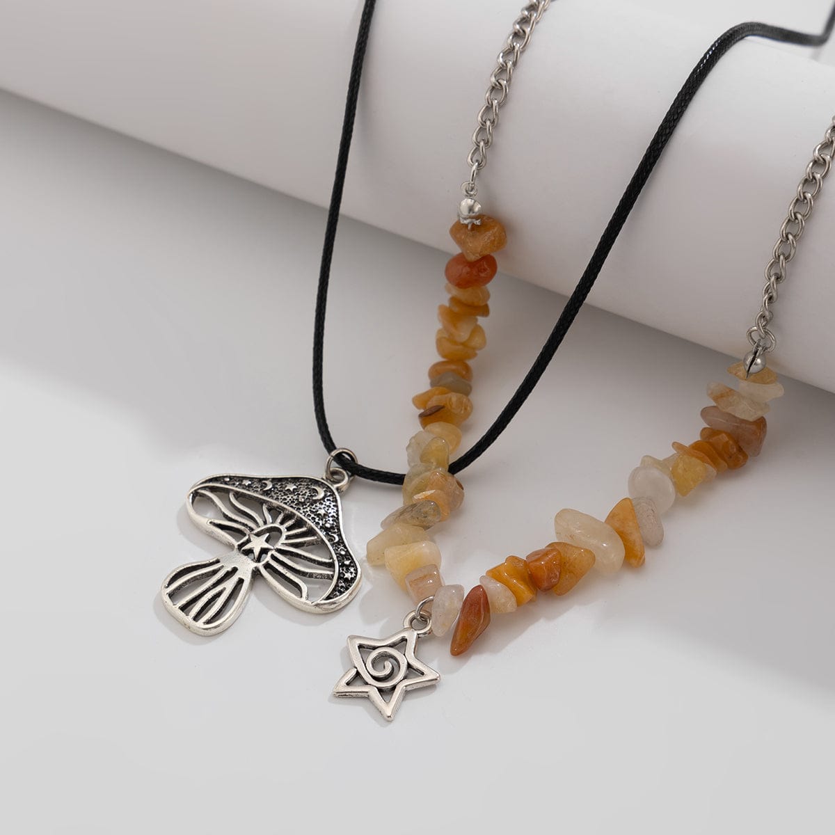 Boho Layered Mushroom Star Pendant Turquoise Stone Chain Necklace Set - ArtGalleryZen