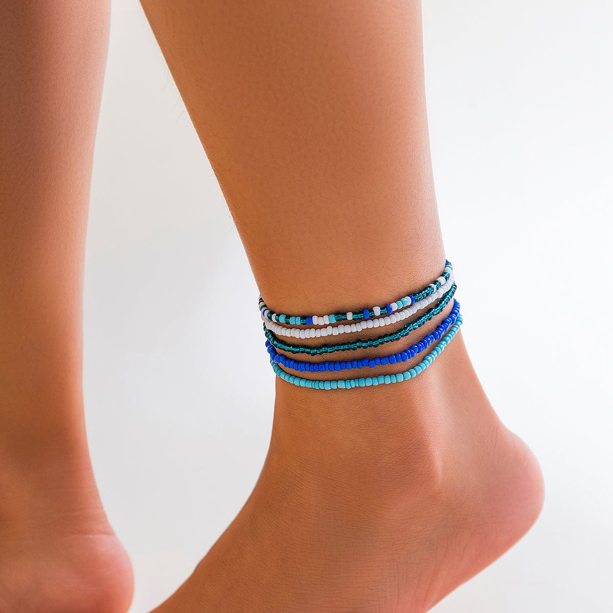 Boho Layered Ocean Style Crystal Beaded Stackable Anklet Set